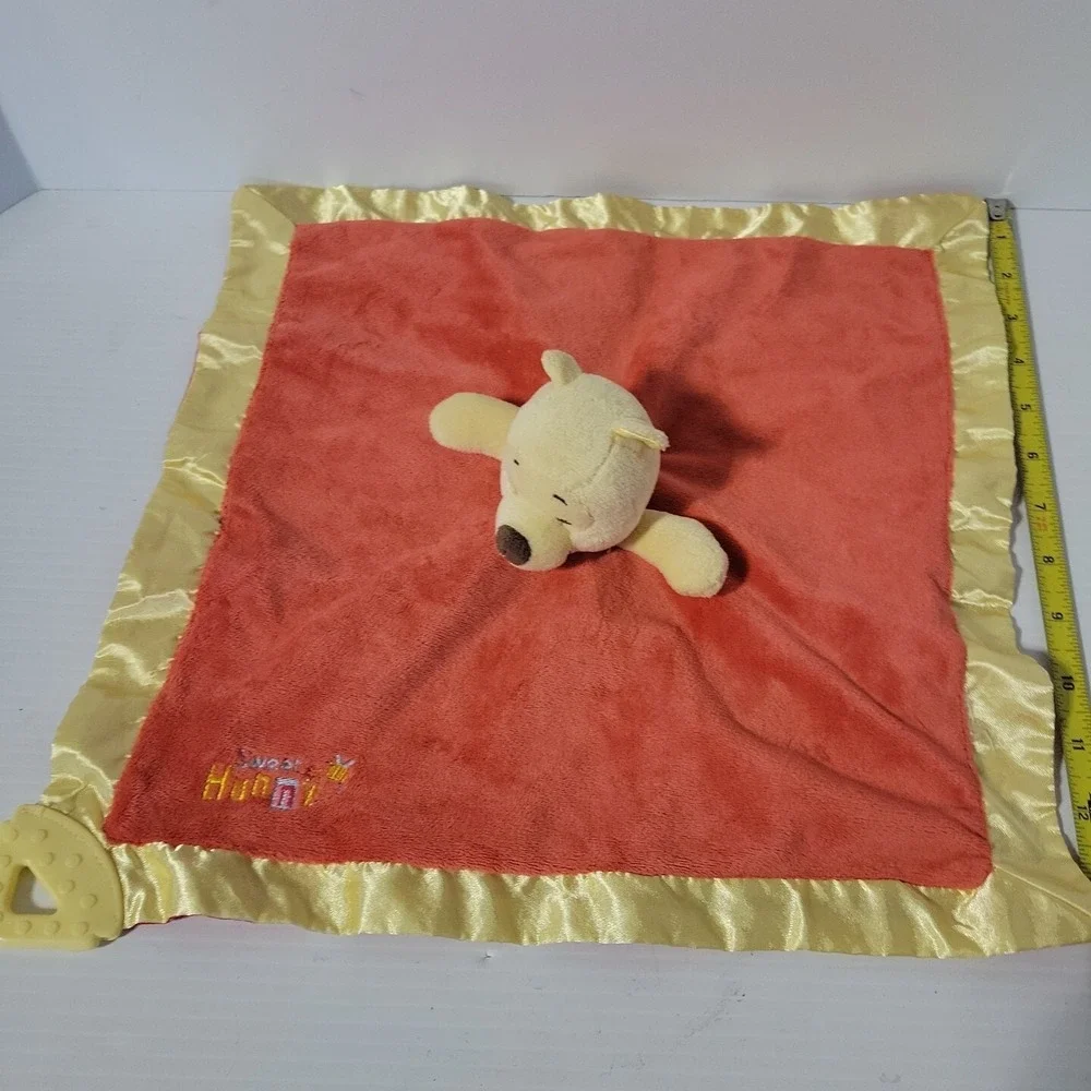 Disney Winnie the Pooh SWEET AS HONEY Red Lovey‎ Yellow Teether Plush Satin Edge